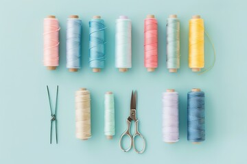 A collection of colorful threads and scissors are laid out on a blue background