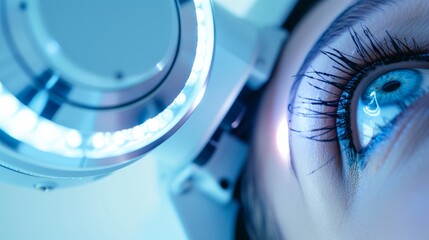 Poster - A close-up of a patient's eye with a high-tech digital retinal scan being performed, set against a clean, clinical background