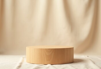 Aufkleber - Warm Wooden Podium on Soft Textured Linen Background for Product Display and Presentation