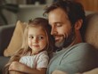 © vefimov - Man and a little girl are sitting on a couch. The man is smiling and the girl is smiling back