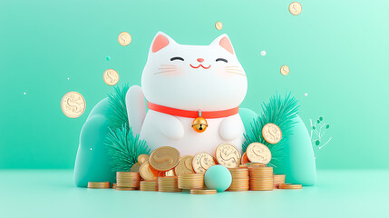 3d cartoon Japanese maneki neko cat. Lucky japan traditional cat toys, kawaii oriental fortune symbol with coins