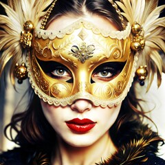 Elegantly dressed woman in a decorative mask with golden adornments during a masquerade event