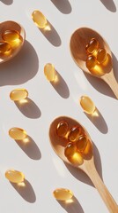 Bamboo spoons filled with golden capsules on a light background in natural daylight