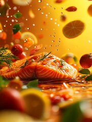 Wall Mural - Fresh salmon fillet with vibrant citrus and herbs splash