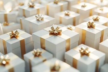 Isolated white background with golden bows and ribbons on christmas presents with a golden bow and ribbon. Stock.