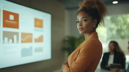 Poster - Focused businesswoman engaging in a modern meeting space