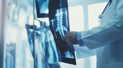 Aufkleber - A close-up of a radiologist examining X-ray images with focus on the X-ray film and diagnostic equipment, set against a bright, clean radiology office background