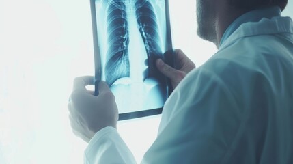 Poster - A close-up of a radiologist examining X-ray images with focus on the X-ray film and diagnostic equipment, set against a bright, clean radiology office background