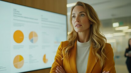 Poster - Focused business woman in a modern meeting space engaging with data visualizations