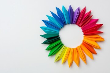 Poster - Colorful paper wreath with many different colored paper strips. Colorful paper fans garland on a white background, colorful rainbow garlands made of origami in the shape of a circle, white background.