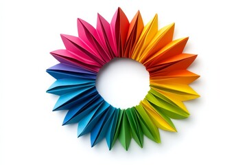 Poster - Colorful paper wreath with many different colored paper strips. Colorful paper fans garland on a white background, colorful rainbow garlands made of origami in the shape of a circle, white background.