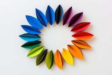 Poster - Colorful paper wreath with many different colored paper strips. Colorful paper fans garland on a white background, colorful rainbow garlands made of origami in the shape of a circle, white background.