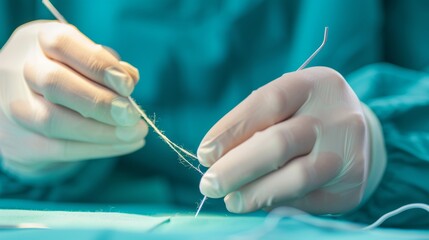 Poster - A close-up of a surgeon's hands carefully stitching a wound with focus on the sutures and surgical tools, set against a bright, sterile operating room background