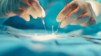 Aufkleber - A close-up of a surgeon's hands carefully stitching a wound with focus on the sutures and surgical tools, set against a bright, sterile operating room background