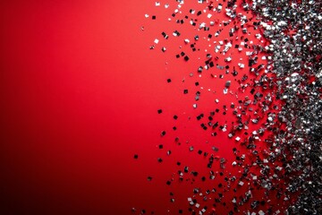 Shimmering silver glitter scattered across a vibrant red background during festive celebrations