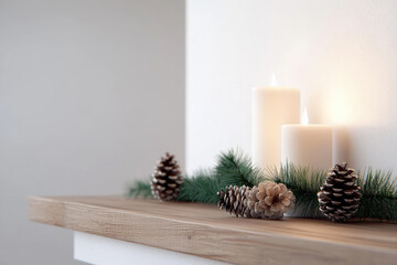 Cozy Christmas decorations featuring white candles, pinecones, and evergreen branches create warm and inviting atmosphere for holiday season