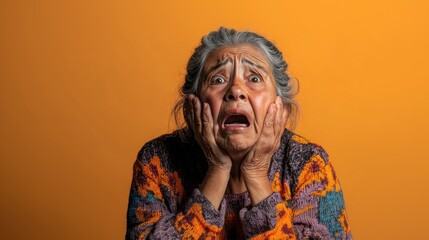 elderly middle eastern woman experiencing shock and fear of unexpected event on orange backdrop, banner with copy space. intense emotions, psychological reaction