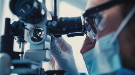 Poster - A close-up of an ophthalmologist examining a patient��s eyes with focus on diagnostic tools and patient interaction, set against a bright, well-lit eye clinic background