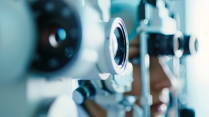 Poster - A close-up of an ophthalmologist examining a patient��s eyes with focus on the diagnostic tools and the eye��s detail, set against a bright, modern optometry office background