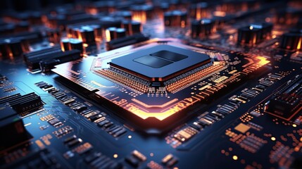 Poster - A close-up view of a computer chip, a central processing unit, on a circuit board. The chip is glowing, indicating it is working.