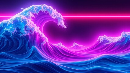 Leinwandbilder - Vibrant neon waves in blue and pink tones against a dark background, creating a futuristic seascape