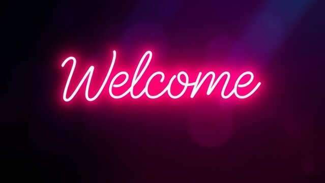 Pink neon Welcome sign glowing softly on a dark gradient background
