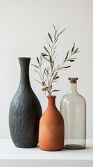 Poster - Beautiful vases with olive branches displayed in sunlight near a window in a modern interior