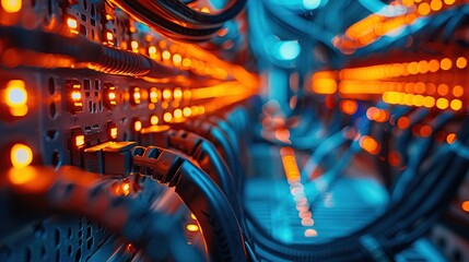 Poster - Close-up view of a server rack with glowing lights and cables.