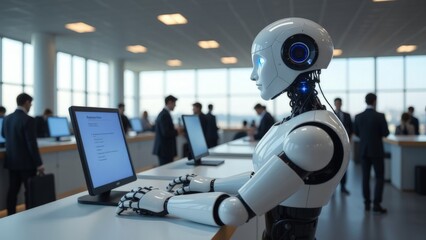 Humanoid robot interacting with businessman on tablet in modern office, symbolizing AI collaboration and futuristic technology in business settings, bright background, horizontal. defocus