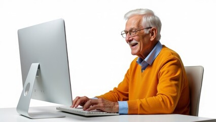 Elderly man using computer with a joyful expression. glasses, wearing an orange sweater, sits at a desk typing on a keyboard,White background with copy space