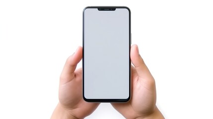 Poster - Close-up of two hands holding a black smartphone with a blank white screen.