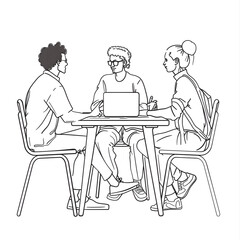 continuous one line drawing young professionals are discussing team projects on the table isolated on white background, png