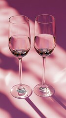 Wall Mural - Elegant glasses filled with clear liquid on a soft pink background during daylight hours