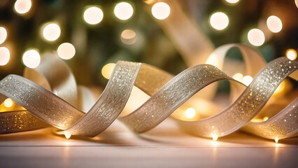 Festive golden ribbons with holiday bokeh background.