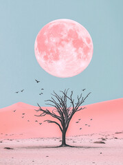 surreal pink moon above lone tree in desert landscape