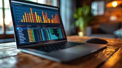 Poster - A laptop with a financial chart displayed on the screen, with a wireless mouse beside it on a wooden table.