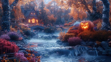 Poster - A beautiful, colorful fantasy garden with a river running through it. The vibrant flowers and trees, orange pumpkin. The stream flows gently.