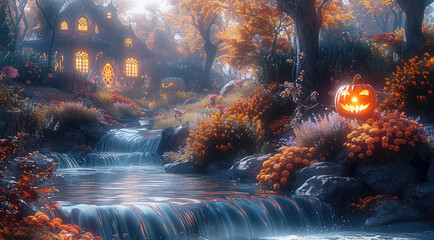 Poster - A beautiful, colorful fantasy garden with a river running through it. The vibrant flowers and trees, orange pumpkin. The stream flows gently.