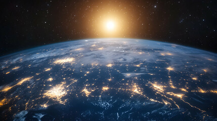 Wall Mural - earth from space with sun shining, planet, stars, galaxy, universe, solar system