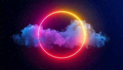 Wall Mural - 3d render, abstract cloud illuminated with neon light ring on dark night sky