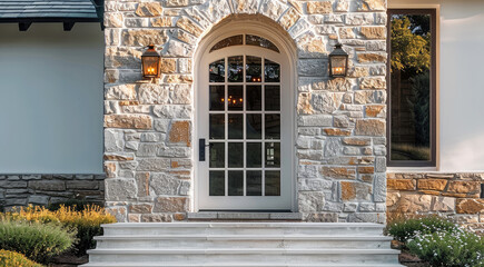 Poster - An exterior front door with a house made of stone.
