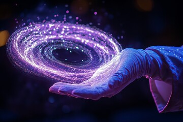 A hand in a glove casts magic with a sparkling wand in a mystical blue atmosphere