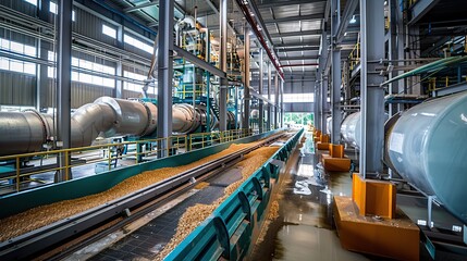 Poster - An industrial conveyor belt carrying wood pellets through a factory.