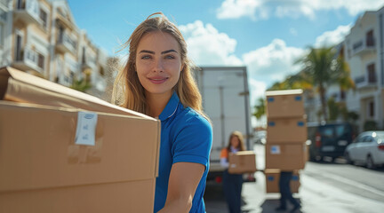 Professional beautiful woman moving company employees in matching uniforms, actively working. They are carrying boxes and furniture, loading a moving truck.