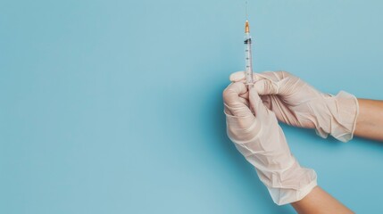 Leinwandbilder - A detailed close-up of a healthcare worker's hands in protective gloves holding a syringe against a sterile blue background, macro shot, Minimalist style