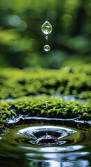 Poster - A single droplet of water falling from the top of the image toward a moss-covered ground. Below, a small puddle reflects the soft light and surrounding greenery. The water droplet is mid-air.