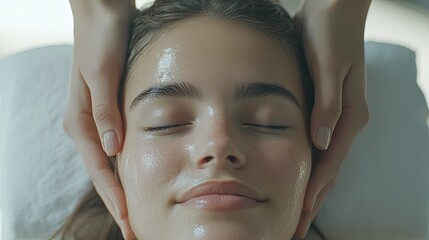 A woman receiving a head massage in a spa salon, a close-up shot of her face with closed eyes and a serene expression, soft lighting creating gentle shadows on her skin