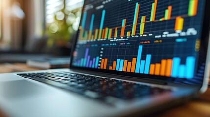 Poster - Close-up of a laptop screen displaying stock market data with a blurry background.