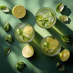 Canvas Print - Refreshing basil and lime drinks with fresh ingredients on a green background