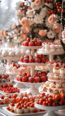 Poster - A large high-end red crimson scarlet fire red, light red pure, white exquisite lace engraved classical art aesthetic wedding dessert table, featuring a variety of desserts themed around strawberries.